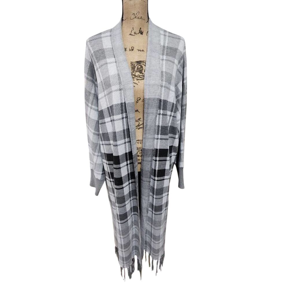 RACHEL Zoe grey black white plaid fringe maxi cardigan sweater‎ plus size 1X new